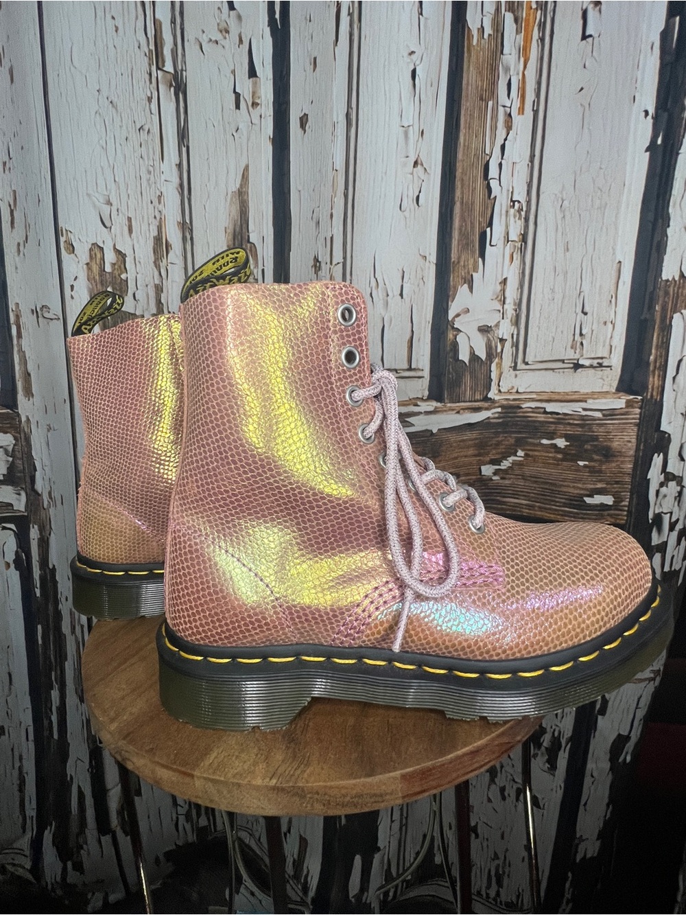 STYLISH Dr. Martens Iridescent MERMAID SCALES Pink Lace-Up Boots - Picture 3 of 5